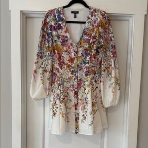 Aqua Multicolor Floral V-Neck Button Front Blouse